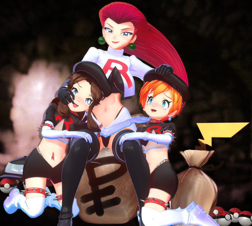 3girls absurdres asymmetrical_hair banchouforte baseball_cap blue_eyes breasts brown_hair closed_mouth cosplay elbow_gloves gloves green_eyes grey_background hat highres hilda_(pokemon) jessie_(pokemon) jessie_(pokemon)_(cosplay) long_hair looking_at_viewer medium_breasts midriff misty_(pokemon) multiple_girls navel nintendo orange_hair pencil_skirt pokemon pokemon_(anime) pokemon_(classic_anime) pokemon_bw print_shirt shirt short_hair simple_background skirt small_breasts smile team_rocket team_rocket_grunt team_rocket_grunt_(cosplay) team_rocket_uniform thong white_skirt