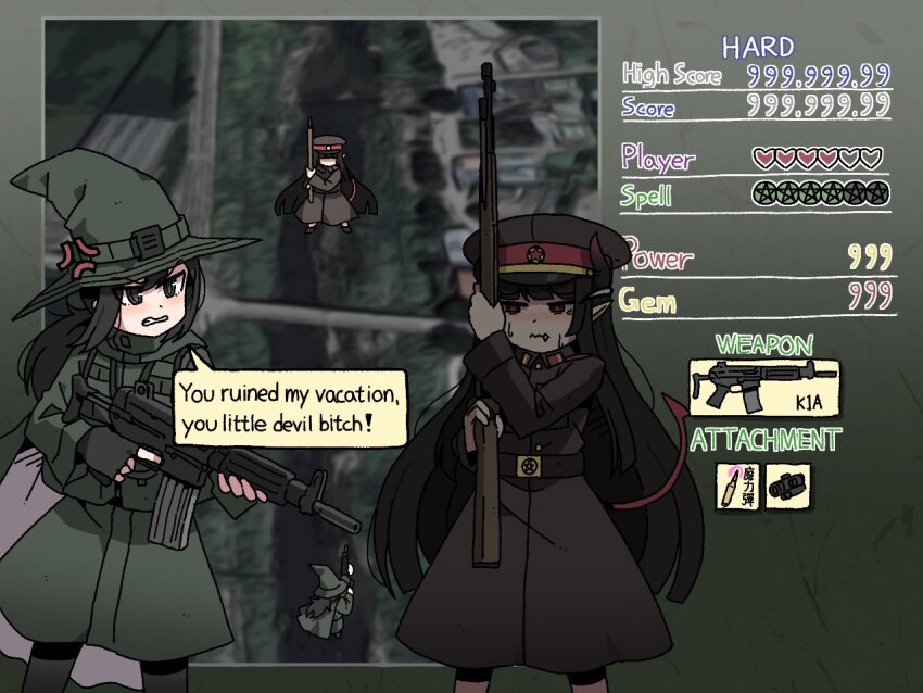 2girls anger_vein angry assault_rifle black_dress black_headwear daewoo_k1 dress english_text fake_screenshot green_headwear green_jacket green_skirt gun hat heads-up_display holding holding_weapon jacket karepack military_hat military_uniform multiple_girls north_korea original profanity rifle skirt sks touhou user_interface weapon witch witch_hat