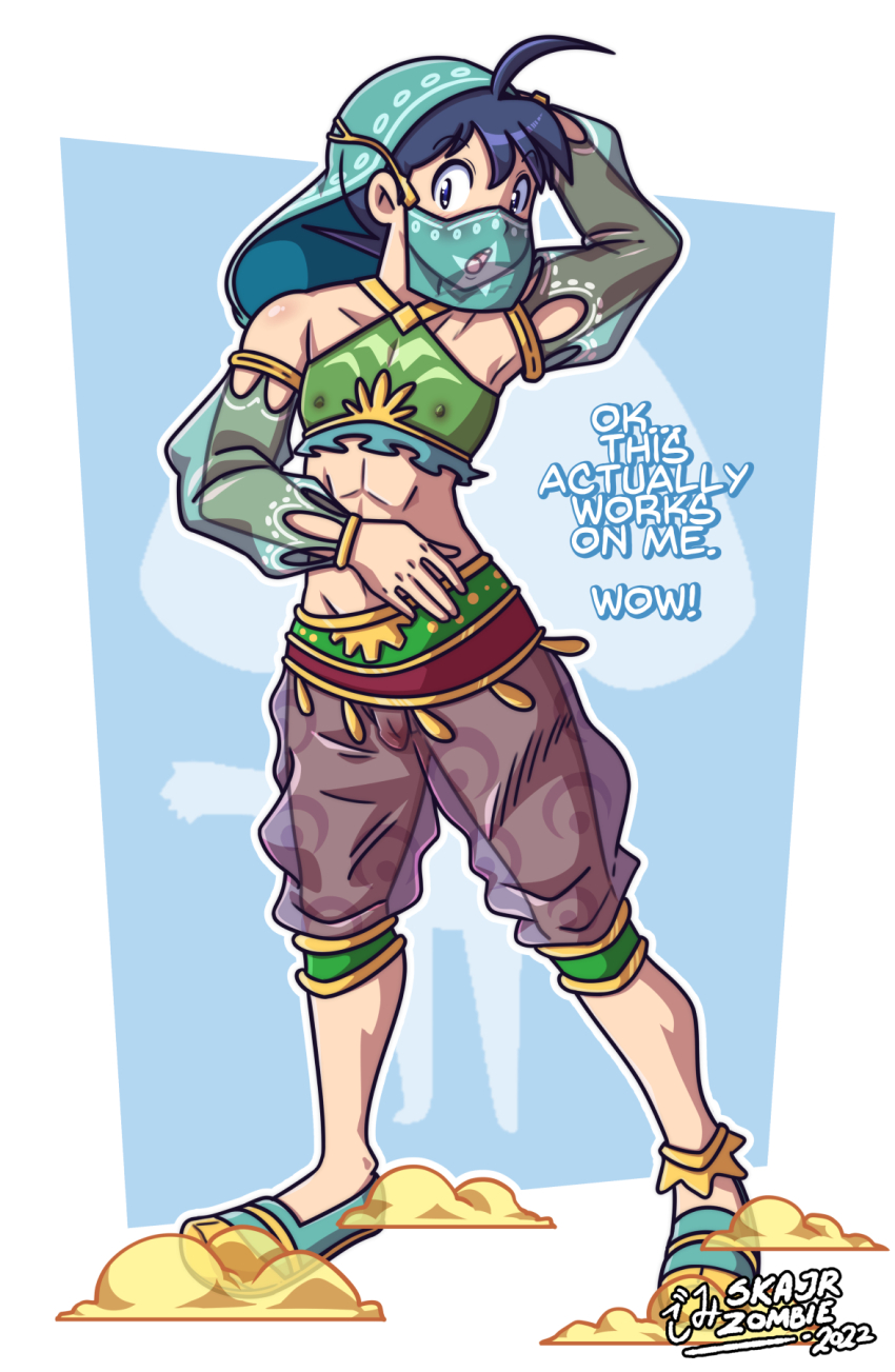 1boy blue_hair crop_top gerudo_set_(zelda) harem_outfit highres hinata_fuyuki keroro_gunsou midriff navel nintendo nipples penis see-through_clothes see-through_legwear see-through_shirt shirt skajrzombie the_legend_of_zelda the_legend_of_zelda:_breath_of_the_wild veil