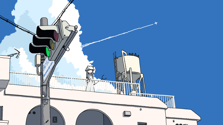 1girl absurdres aerial aircraft airplane bird blue_sky building closed_eyes cloud cloudy_sky coat commentary_request contrail crow cumulonimbus_cloud day emesan_desu hand_on_railing highres holding long_sleeves on_rooftop outdoors partial_commentary railing rooftop scenery shimeji_simulation sky solo stairs standing the_gardener_(shimeji_simulation) traffic_light trail water_tank white_coat white_hair white_headwear wide_shot