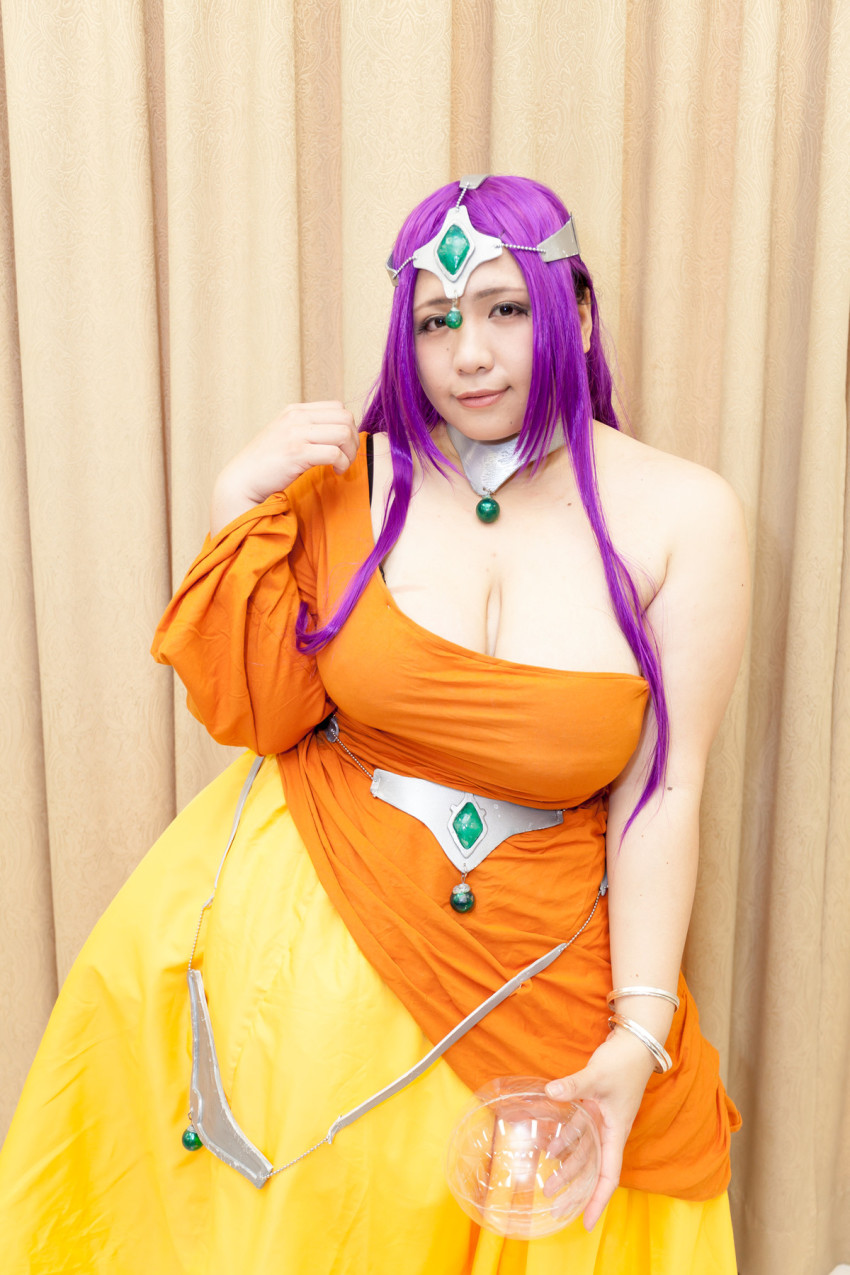 1girl asian breasts chouzuki_maryou chunsoft cosplay dragon_quest dragon_quest_iv enix female_focus highres large_breasts minea_(cosplay) minea_(dq4) photo_(medium) plump purple_hair solo