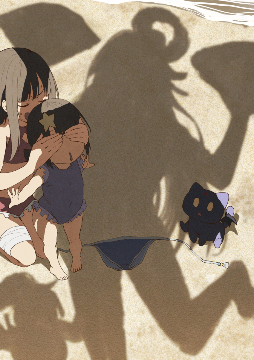 3girls aqua_(konosuba) bandages beach bikini bikini_bottom_only blue_bikini cat child chomusuke commentary_request covered_eyes dressed_shadow_(meme) highres implied_nudity izawa_(bhive003) komekko kono_subarashii_sekai_ni_shukufuku_wo! long_hair megumin meme multiple_girls one-piece_swimsuit out_of_frame sand shadow side-tie_bikini_bottom swimsuit upper_body