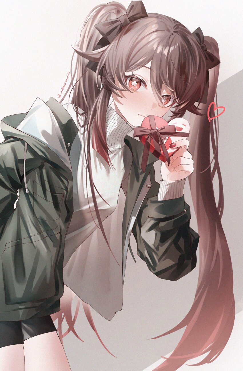 1girl black_bow black_jacket black_shorts bow brown_hair candy chocolate chocolate_heart cowboy_shot dekitateomoti flower-shaped_pupils food genshin_impact hair_bow heart heart-shaped_food highres holding holding_chocolate holding_food hu_tao_(genshin_impact) jacket long_hair looking_at_viewer nail_polish red_eyes red_nails shorts solo sweater symbol-shaped_pupils turtleneck twintails twitter_username valentine white_sweater