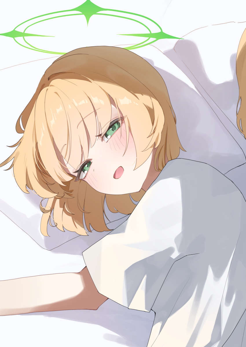 2girls absurdres blonde_hair blue_archive blush commentary green_eyes green_halo half-closed_eyes halo head_on_pillow highres ixia559 looking_at_viewer lying midori_(blue_archive) multiple_girls on_side open_mouth pillow shirt short_hair short_sleeves sidelocks smile solo_focus upper_body white_shirt