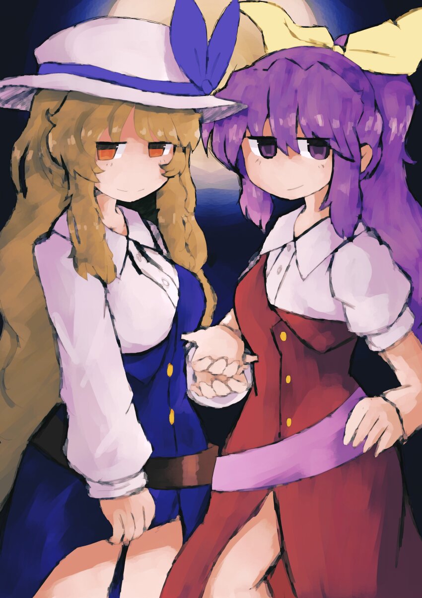 2girls absurdres bad_id bad_twitter_id blonde_hair blue_dress bow closed_mouth collared_shirt commentary cowboy_shot dress english_commentary hair_between_eyes hair_bow hat highres iesonatana inactive_account long_hair long_sidelocks long_sleeves looking_at_viewer multiple_girls orange_eyes purple_eyes purple_hair red_dress shirt siblings sidelocks silent_sinner_in_blue sisters smile standing touhou touhou_bougetsushou very_long_hair watatsuki_no_toyohime watatsuki_no_yorihime white_hat white_shirt yellow_bow