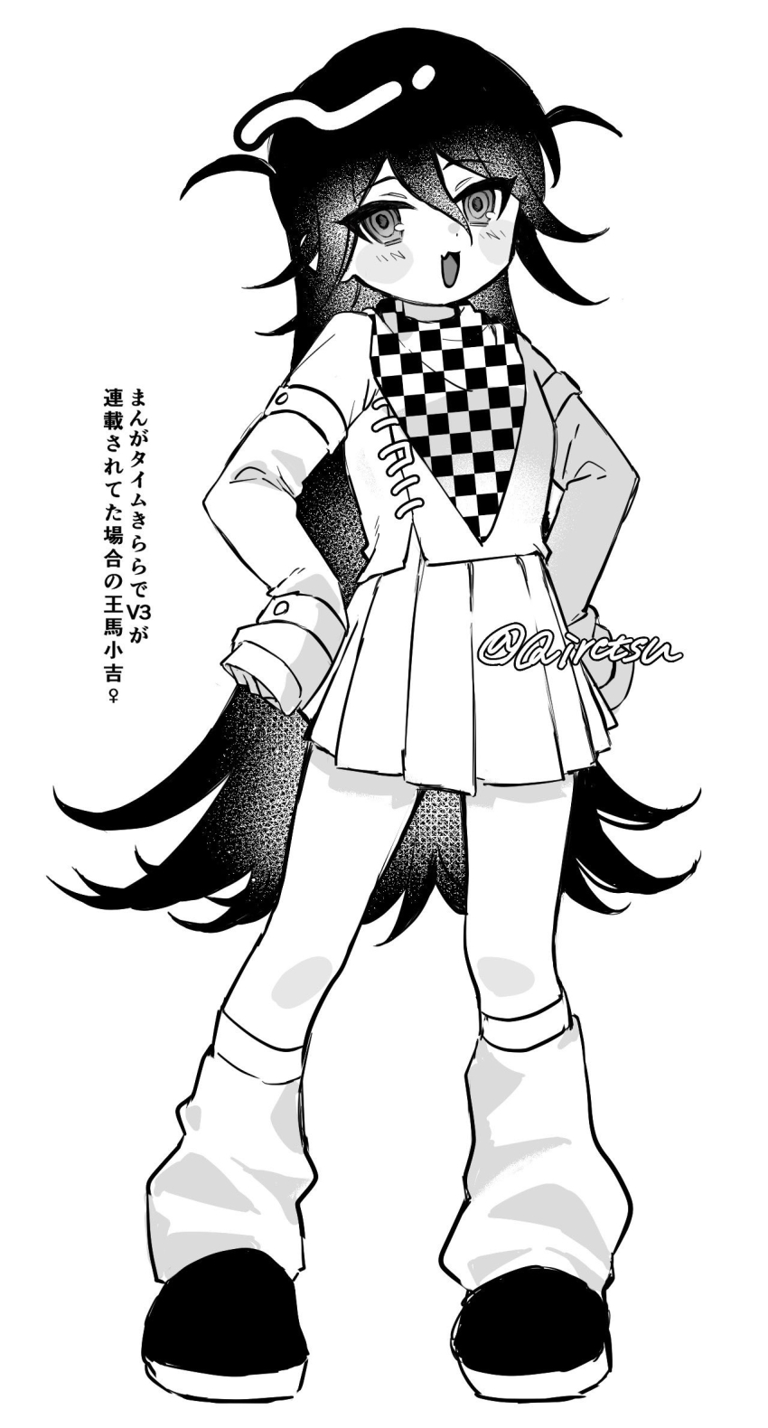 1girl :d blush checkered_neckerchief danganronpa_(series) danganronpa_v3:_killing_harmony fang full_body genderswap genderswap_(mtf) greyscale highres jacket long_hair long_sleeves miniskirt monochrome neckerchief oma_kokichi open_mouth pleated_skirt qiretsu shoes simple_background skin_fang skirt smile socks solo standing