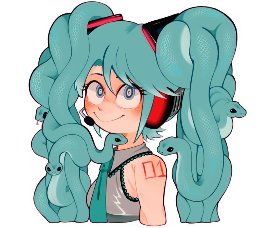 1girl aqua_eyes aqua_hair aqua_necktie clem_(calmeremerald) collared_shirt commentary grey_shirt hatsune_miku headset looking_at_viewer looking_up necktie shirt shoulder_tattoo simple_background sleeveless smile snake_hair solo tattoo upper_body vocaloid white_background