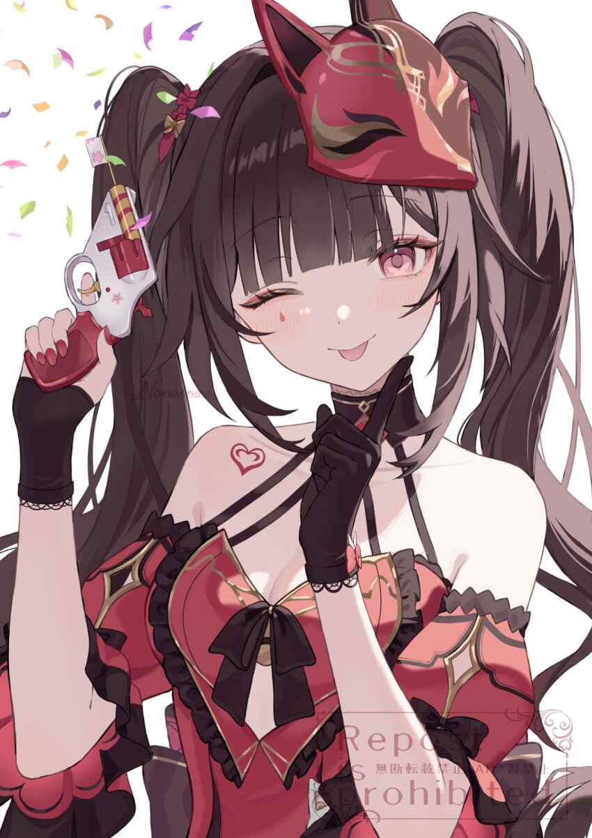 1girl asymmetrical_gloves black_gloves blunt_bangs breasts cleavage closed_mouth detached_sleeves dress fox_mask glove_cutout gloves hands_up highres holding_toy_gun honkai:_star_rail honkai_(series) honkai_impact_3rd kiina_(mrnsor) long_hair looking_at_viewer mask mask_on_head mismatched_gloves official_alternate_costume one_eye_closed pink_eyes red_dress short_sleeves simple_background smile solo sparkle_(fictitious_game)_(honkai:_star_rail) sparkle_(honkai:_star_rail) tongue tongue_out white_background