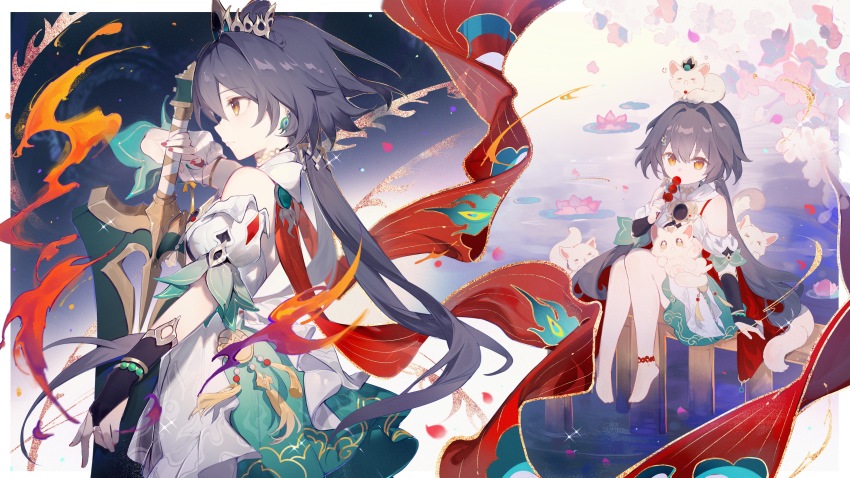 1girl absurdres animal animal_ears animal_hands animalization anklet arm_up bare_legs bare_shoulders barefoot bra bridal_gauntlets cat cat_ears cat_paws cat_tail chinese_clothes closed_eyes closed_mouth dango detached_collar detached_sleeves eating fire food from_side grey_hair hair_between_eyes hair_ornament hairclip hand_up headpiece highres holding holding_food holding_skewer holding_sword holding_weapon honkai:_star_rail honkai_(series) huge_weapon jewelry knees_together_feet_apart knees_up long_hair looking_ahead looking_at_viewer low_twintails night night_sky open_mouth orange_eyes outdoors pendant person_and_animalization pond qianqianjie red_scarf scarf short_sleeves sitting skewer sky solo standing sword tail too_many too_many_cats twintails underwear wagashi water weapon white_cat white_fur yunli_(honkai:_star_rail)
