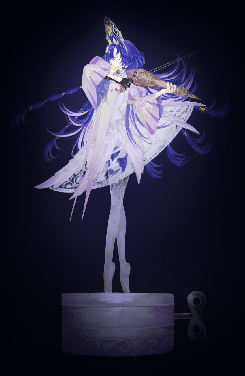 1girl black_background black_gloves blonde_hair blue_hair bow_(music) closed_eyes colored_inner_hair dress from_side full_body gloves gudok highres holding holding_bow_(music) holding_instrument instrument juliet_sleeves khakakaka kokoshnik lace_dress long_hair long_sleeves multicolored_hair music music_box official_alternate_costume pantyhose playing_instrument print_pantyhose profile puffy_sleeves reverse:1999 short_dress single_glove solo starry_sky_print tiptoes very_long_hair voyager_(choir_of_the_stars)_(reverse:1999) voyager_(reverse:1999) white_dress white_pantyhose wide_sleeves