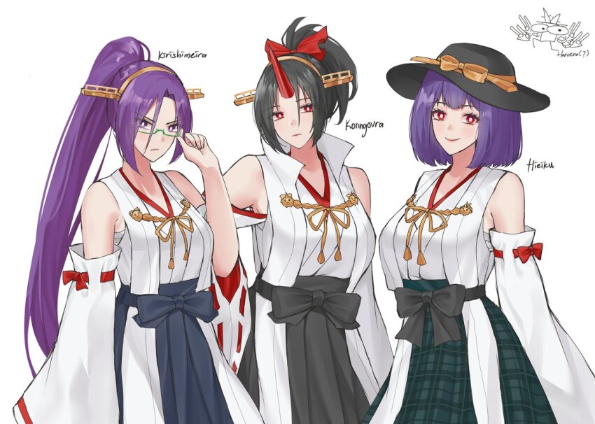 3girls aroevela black_hair black_hat black_skirt bow breasts bright_pupils character_name commentary cosplay glasses hakama hakama_skirt hat hat_bow hiei_(kancolle) hiei_(kancolle)_(cosplay) horns japanese_clothes kantai_collection kimono kirishima_(kancolle) kirishima_(kancolle)_(cosplay) kongou_(kancolle) kongou_(kancolle)_(cosplay) konngara_(touhou) long_hair looking_at_viewer meira_(touhou) multiple_girls nagae_iku plaid_clothes plaid_skirt purple_hair red_eyes short_hair simple_background single_horn skirt touhou touhou_(pc-98) white_background white_kimono white_pupils yellow_bow