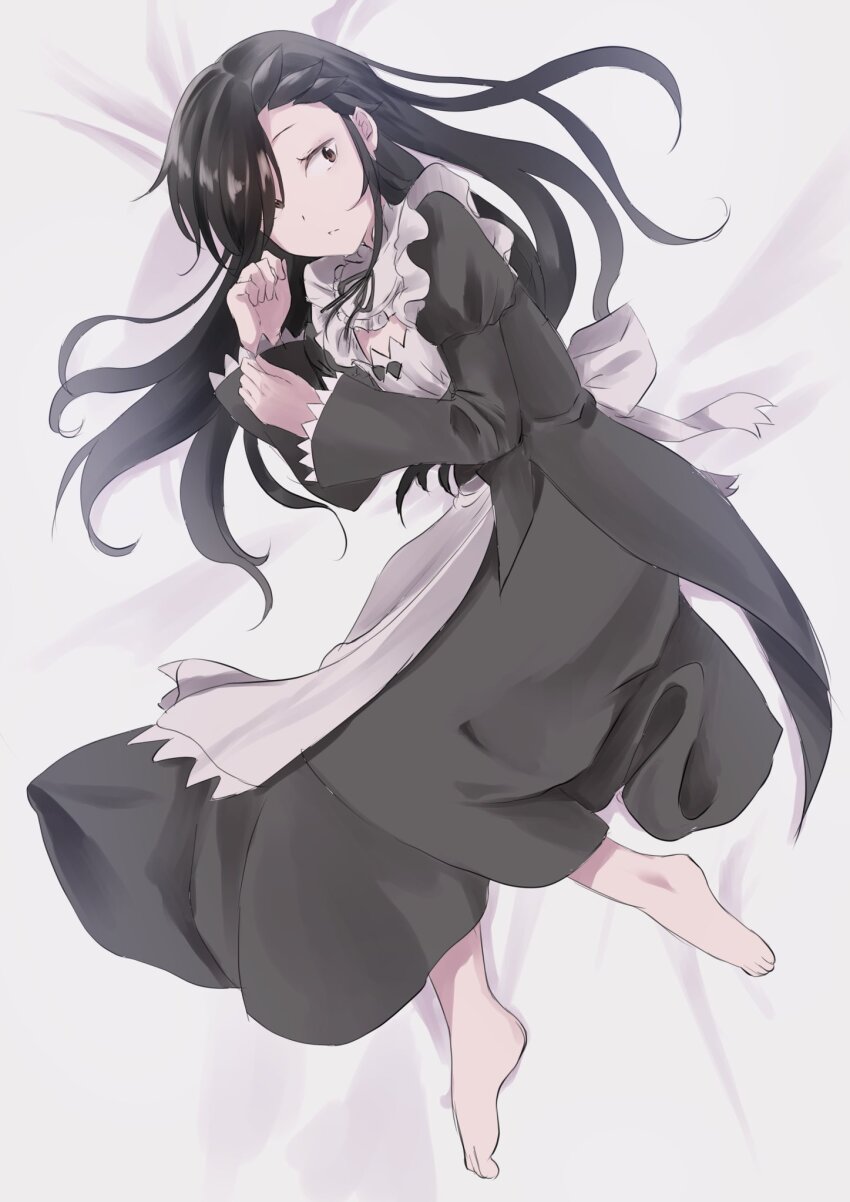 1boy bed black_hair brown_hair crossdressing highres long_hair lying natsuki_subaru natsumi_schwarz re:zero_kara_hajimeru_isekai_seikatsu roswaal_mansion_maid_uniform sanpaku trap very_long_hair