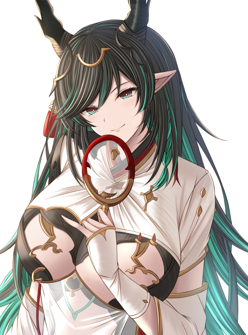 1girl black_hair braid breast_cutout breasts cleavage cleavage_cutout clothing_cutout colored_inner_hair detached_sleeves dragon_girl dragon_horns draph dress fingerless_gloves gloves gradient_hair granblue_fantasy green_eyes green_hair hair_ornament hand_fan highres horn_ornament horns kanpyou_(hghgkenfany) large_breasts leotard long_hair looking_at_viewer multicolored_eyes multicolored_hair payila_(granblue_fantasy) pointy_ears red_eyes see-through_clothes see-through_dress smile solo stomach_cutout tassel tassel_hair_ornament tuanshan two-tone_eyes two-tone_hair very_long_hair white_background white_gloves