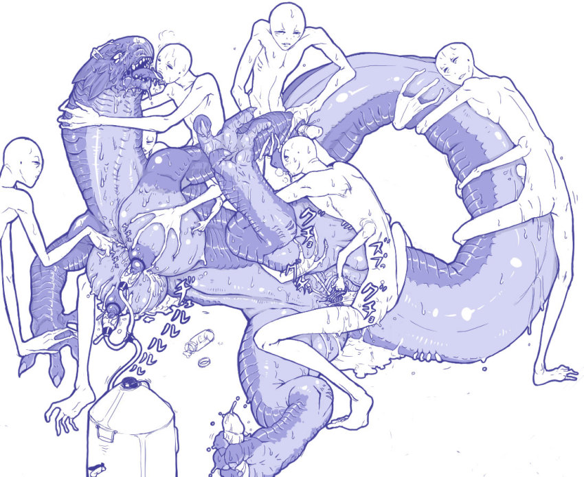alien breasts claws dokumushi extra_arms feet footjob french_kiss grabbing_another&#039;s_breast groping group_sex hug kiss lactation large_breasts monochrome monster monster_girl nipples no_humans penis pussy pussy_juice scales spread_pussy sweat tail tongue