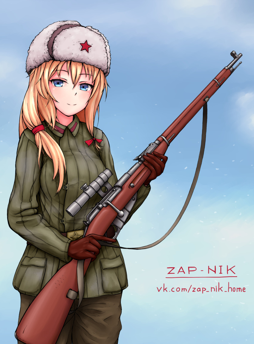 1girl artist_name belt belt_buckle blonde_hair blue_eyes blue_sky bolt_action bow breasts brown_belt buckle closed_mouth collared_jacket commentary cowboy_shot fur_hat girls&#039;_frontline gloves green_jacket green_pants gun gun_sling hair_between_eyes hair_bow hair_tie hammer_and_sickle hat hat_ornament highres holding holding_gun holding_weapon jacket blue_background long_sleeves looking_at_viewer medium_breasts military mosin-nagant mosin-nagant_(girls&#039;_frontline) mosin-nagant_(mod3)_(girls&#039;_frontline) optical_sight padded_jacket pants pocket red_bow red_gloves red_star rifle scope sky smile sniper_rifle soldier solo soviet soviet_army star_(symbol) star_hat_ornament telogreika two_side_up ushanka vkontakte_username watermark weapon web_address white_hat winter_uniform world_war_ii zap-nik