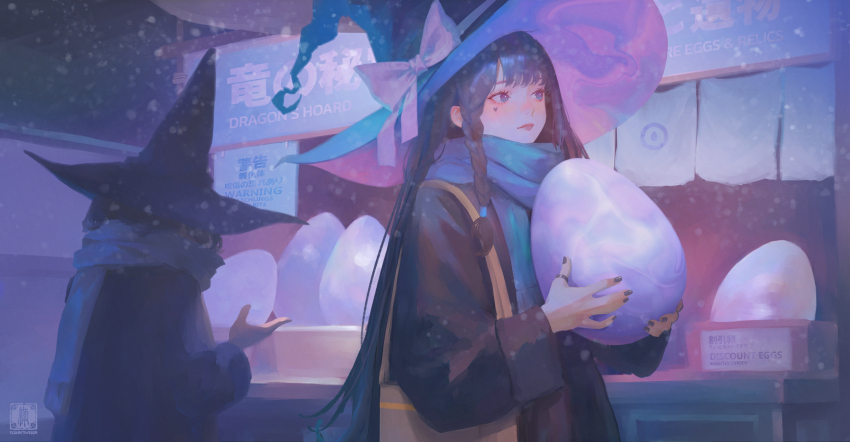 2girls bag black_coat black_hair braid coat egg elzapatoverde hat heart heart_tattoo highres holding holding_egg long_hair market_stall multiple_girls original scarf shoulder_bag side_braid snowing tattoo witch witch_hat