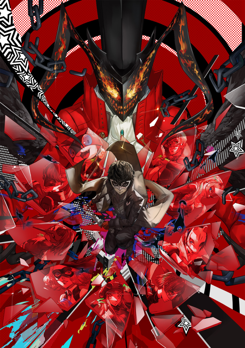 4boys 6+girls black_coat black_hair black_pants black_shirt blazpu broken_glass chain character_request coat dagger eye_mask glass highres holding holding_dagger holding_knife holding_weapon joker_(persona_5) knife multiple_boys multiple_girls pants persona persona_5 red_background shirt solo_focus weapon