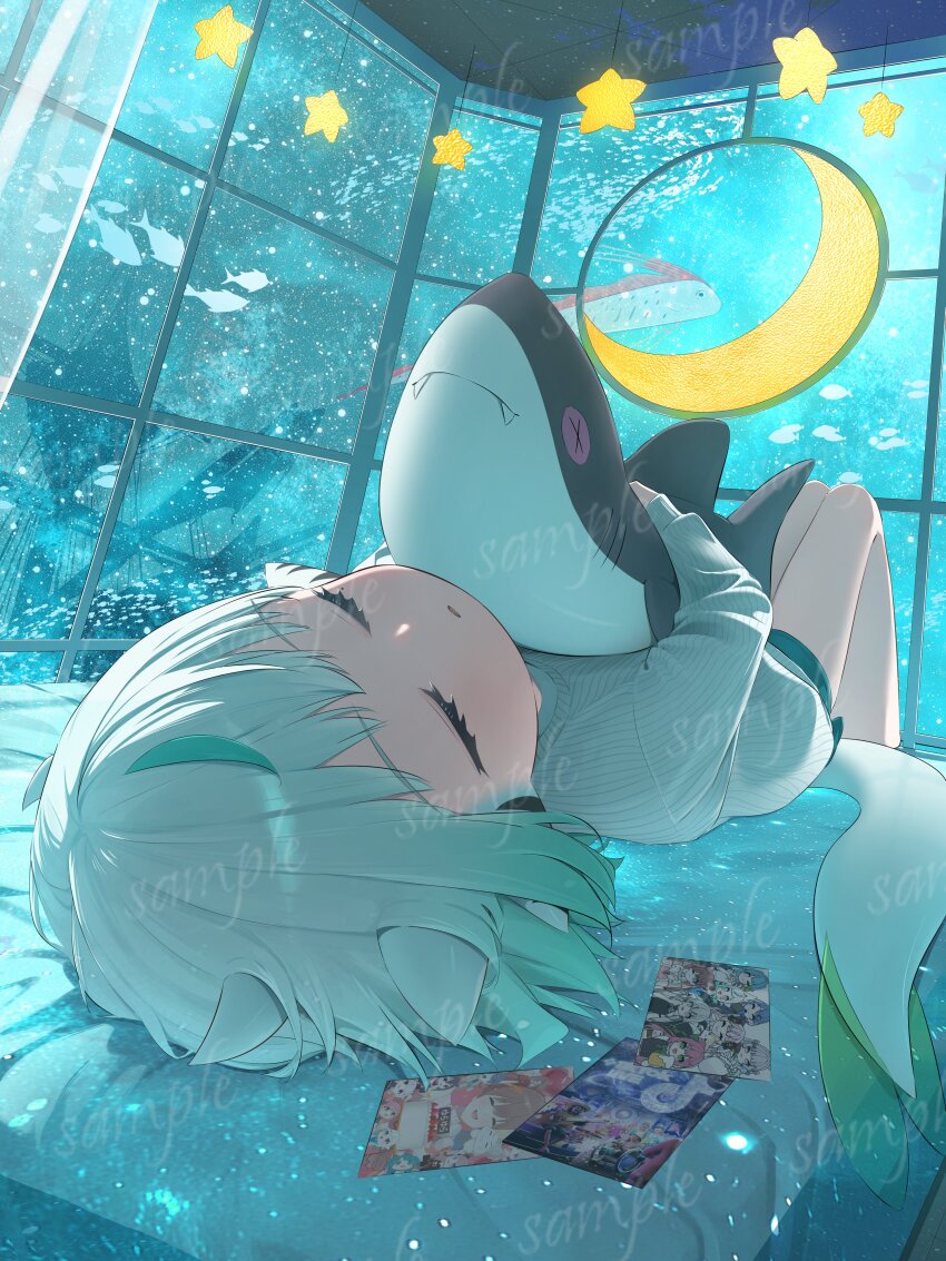 1girl absurdres bananafish1111 blue_shorts closed_eyes commentary_request fish gradient_hair green_hair highres holding holding_stuffed_toy horns indoors long_sleeves lying medium_hair multicolored_hair oarfish on_back on_bed open_mouth original ribbed_sweater sample_watermark shorts sleeping solo stuffed_animal stuffed_shark stuffed_toy sweater tail two-tone_hair watermark white_hair white_horns white_sweater