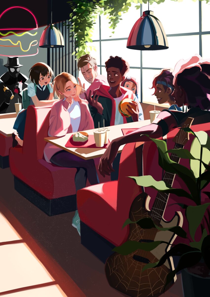 3girls 5boys aqua_shoes backpack bag bathrobe black_footwear black_hair black_headwear black_hoodie black_leggings black_necktie black_sweater_vest black_vest blonde_hair blue_eyes blue_headband blue_skirt booth_seating brown_hair burger cardigan ceiling_light closed_eyes cup cuts dark-skinned_male dark_skin disposable_cup dreadlocks dress_shirt drink earclip eating elbow_rest electric_guitar everyone father_and_daughter fedora food from_side green_bag guitar gwen_stacy hand_on_own_cheek hand_on_own_face hat head_tilt headband highres hobie_brown holding holding_food hood hood_down hoodie indoors injury instrument ketchup kneeling knit_hat leggings looking_at_another looking_back marvel mayday_parker miles_morales multiple_boys multiple_girls mumechi mustard necktie on_bench pavitr_prabhakar peeking_out peni_parker peter_b_parker pink_cardigan plant potted_plant red_headwear red_hoodie restaurant school_uniform shirt shoes short_hair short_sleeves sitting sitting_backwards skirt sneakers spider-man:_across_the_spider-verse spider-man_(series) spider-man_noir spider-verse sweater_vest t-shirt table talking tray two-tone_hoodie vest white_shirt window