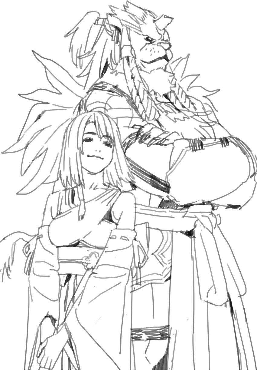 1boy 1girl absurdres beard black_claws broken_horn cat_nose chest_fur detached_sleeves facial_hair final_fantasy final_fantasy_x furry furry_male highres horns imamura_ryou japanese_clothes kimahri_ronso short_hair single_horn skirt smile yuna_(ff10)