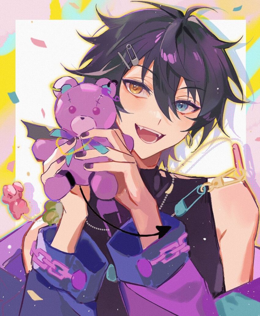 1boy :d bad_arm bishounen black_nails black_shirt confetti drop_shadow ensemble_stars! fangs film_grain hair_ornament hairclip hands_up highres holding holding_stuffed_toy jacket jacket_partially_removed jewelry kagehira_mika long_sleeves looking_to_the_side male_focus nail_polish necklace off_shoulder open_mouth outside_border paperclip paperclip_hair_ornament pinenut_sn raised_eyebrows see-through_border shirt sleeveless sleeveless_shirt smile solo stuffed_animal stuffed_toy teddy_bear teeth third-party_source turtleneck two-handed