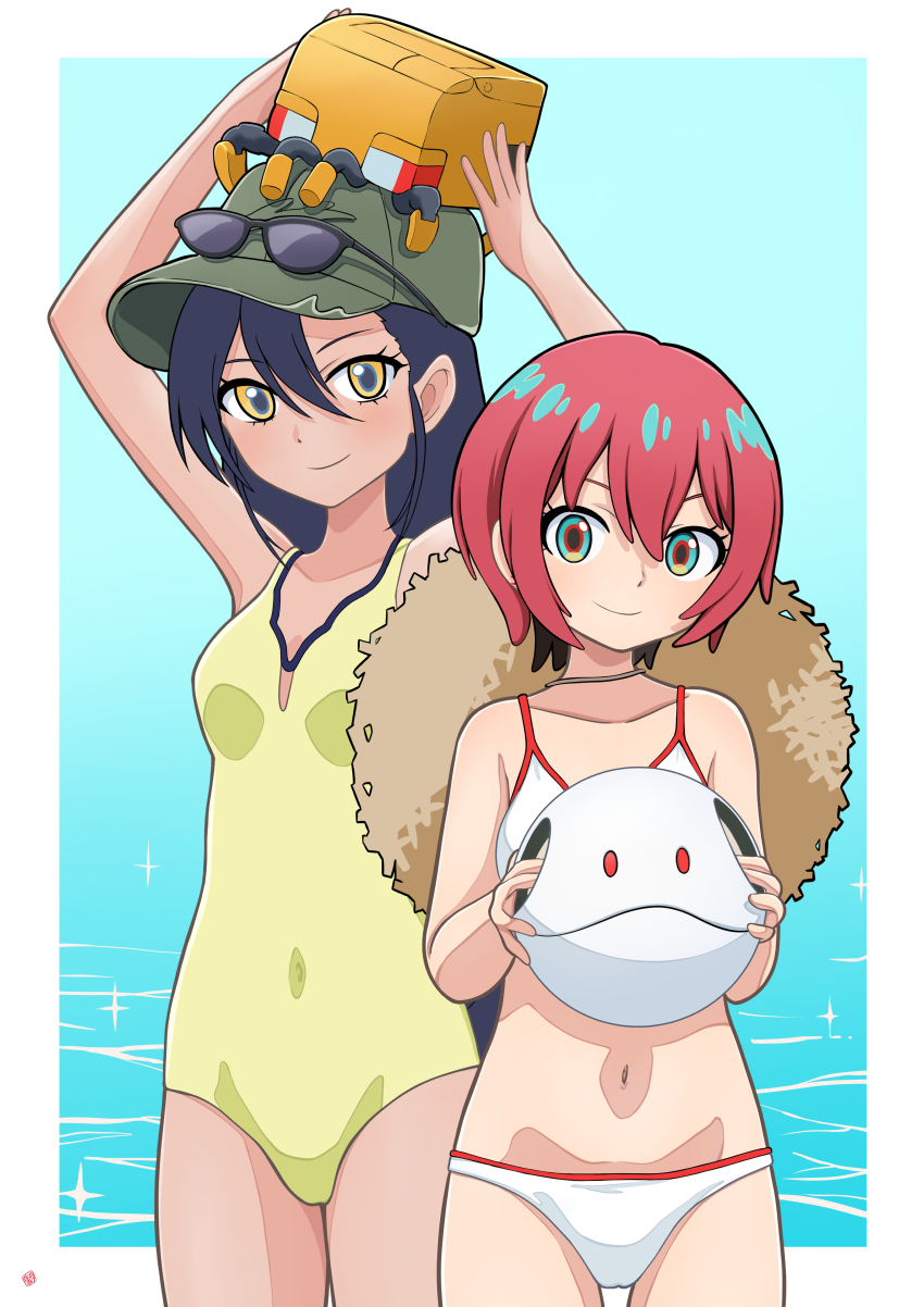2girls absurdres amate_yuzuriha baseball_cap bikini black_hair blue_eyes breasts conch_(gundam) cowboy_shot eyewear_on_headwear green_hat gundam gundam_gquuuuuux haro hat highres long_hair looking_at_viewer multiple_girls nao_suke navel nyaan_(gundam_gquuuuuux) ocean one-piece_swimsuit red_hair short_hair small_breasts smile stomach sunglasses swimsuit white_bikini yellow_eyes yellow_one-piece_swimsuit
