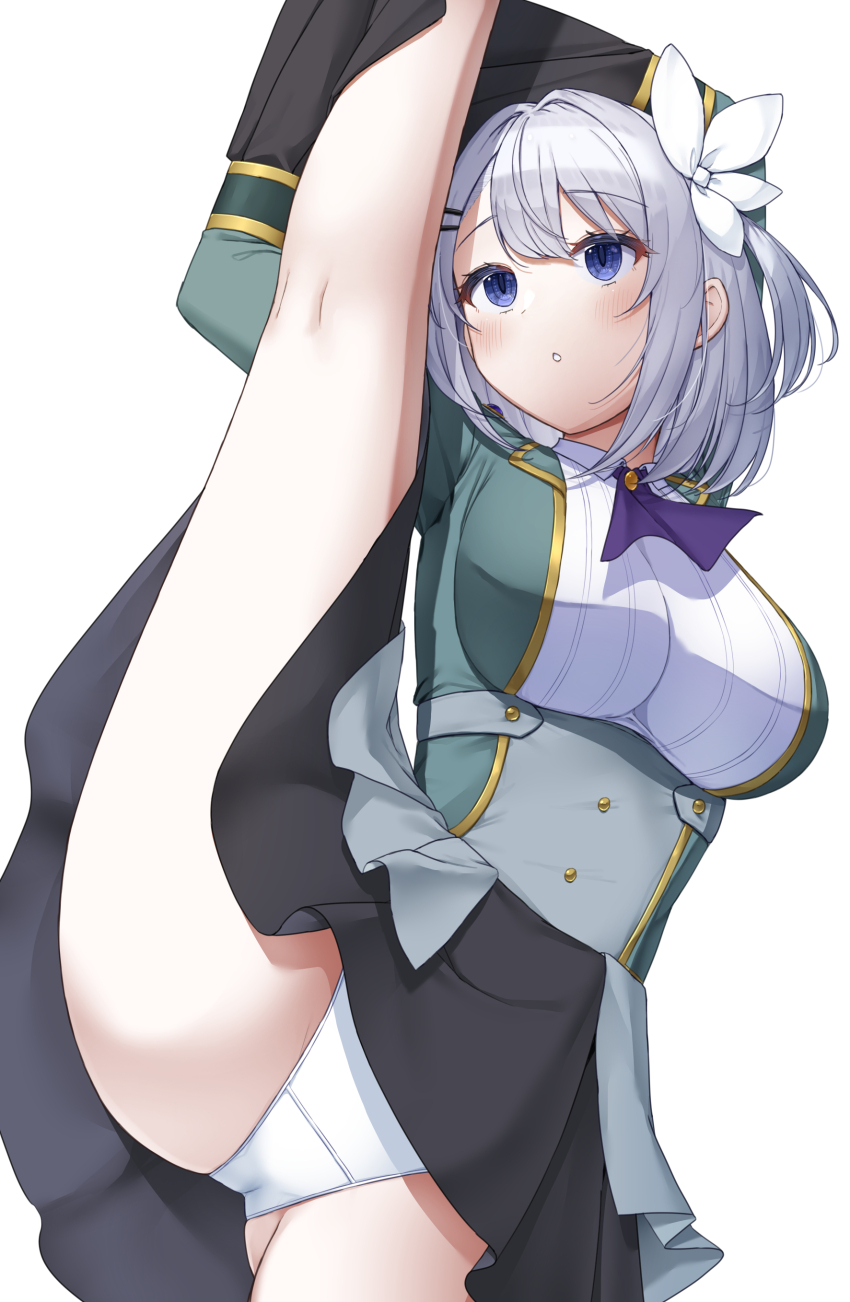 1girl absurdres ascot black_skirt blue_eyes breasts crotch_seam grey_hair hair_intakes highres hikikomari_kyuuketsuki_no_monmon large_breasts long_sleeves looking_ahead medium_hair one_side_up panties purple_ascot sakuna_memoire simple_background skirt solo split standing standing_on_one_leg standing_split striped_clothes underwear user_tyad4272 vertical-striped_clothes white_background white_panties
