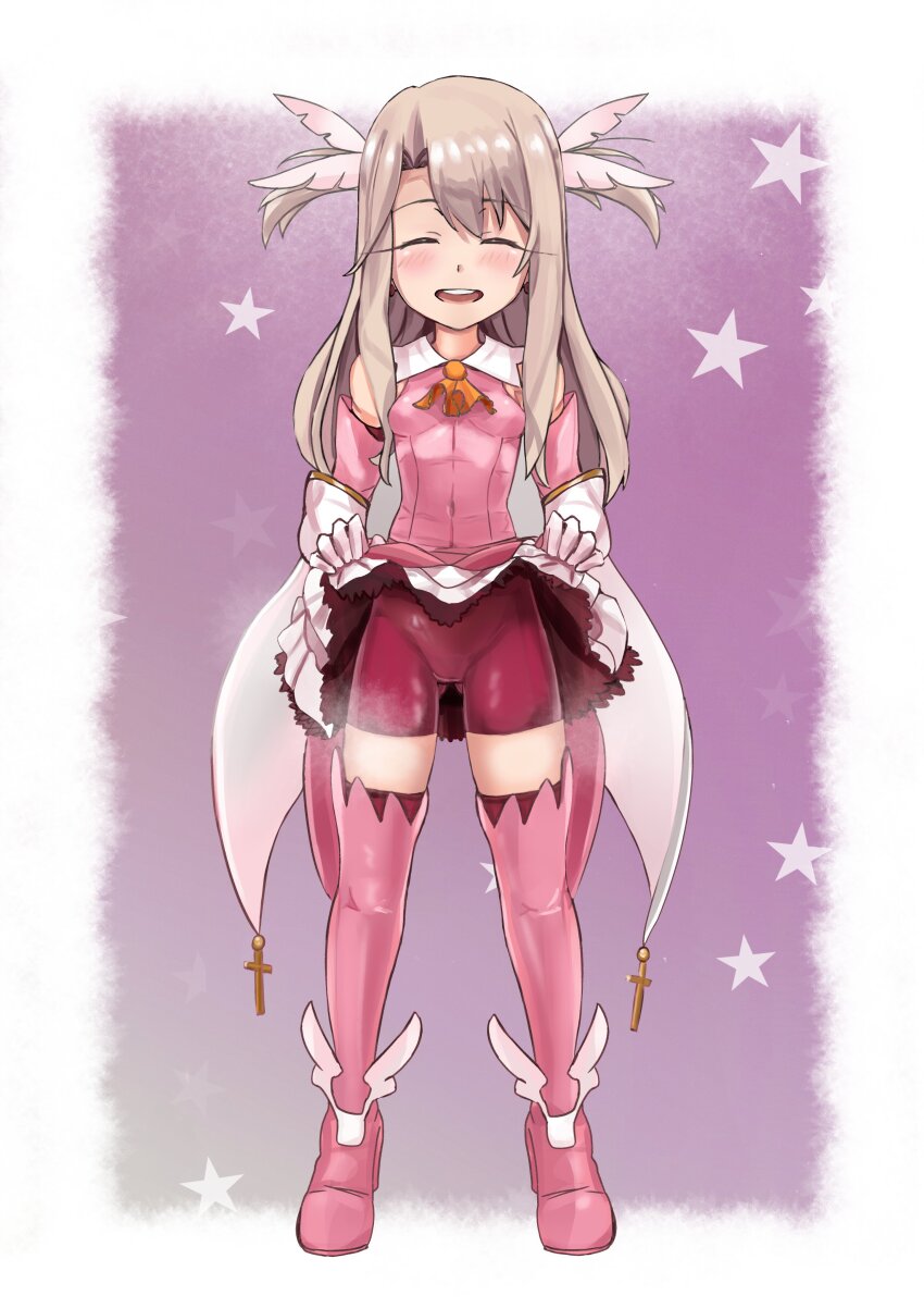 1girl absurdres bike_shorts blonde_hair breasts clothes_lift dress dress_lift fate/kaleid_liner_prisma_illya fate_(series) gluteal_fold highres illyasviel_von_einzbern kebab_(blackdoll) long_hair magical_girl pink_background prisma_illya simple_background small_breasts star_(sky) steam steaming_body white_background