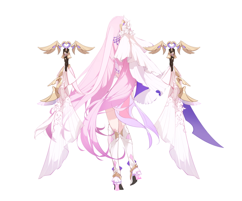1girl absurdres bell boots chinese_commentary commentary_request elysia_(herrscher_of_human:_ego)_(honkai_impact) elysia_(honkai_impact) from_behind high_heel_boots high_heels highres honkai_(series) honkai_impact_3rd long_hair pink_hair simple_background solo thighs veil very_long_hair via_shinan white_background white_boots white_veil