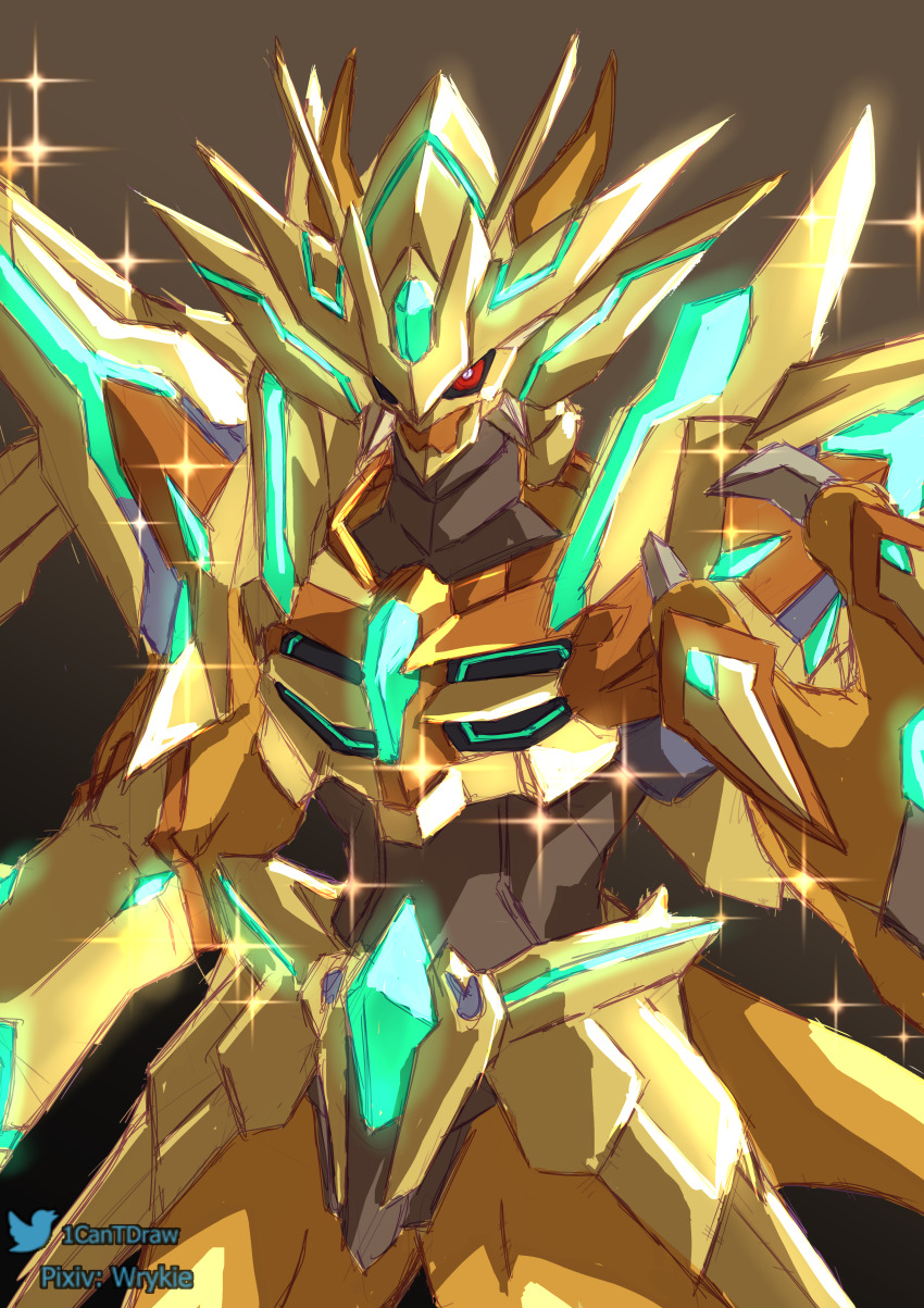 absurdres armor colored_sclera digimon digimon_(creature) highres magnamon magnamon_x-antibody magnamon_x-antibody_gold_digizoid_mode red_sclera solo sparkle tail yellow_eyes