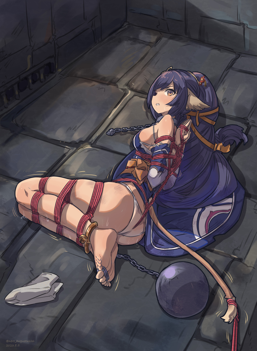 1girl absurdres animal_ears anklet arms_behind_back ball_and_chain_restraint bare_legs barefoot bdsm bell black_hair bondage bound bound_arms bound_legs bound_toes breasts cat_tail clenched_teeth collar commentary_request crotch_rope cuffs detached_sleeves full_body highres indoors jewelry kuon_(utawarerumono) legs_folded long_hair low-tied_long_hair lying medium_breasts motion_lines nero_augustus on_floor on_side one_eye_closed panties restrained reverse_prayer rope sash shibari shibari_over_clothes sideboob socks unworn_socks solo stone_floor sweat tabi tail teeth underwear utawarerumono utawarerumono:_itsuwari_no_kamen white_panties white_socks