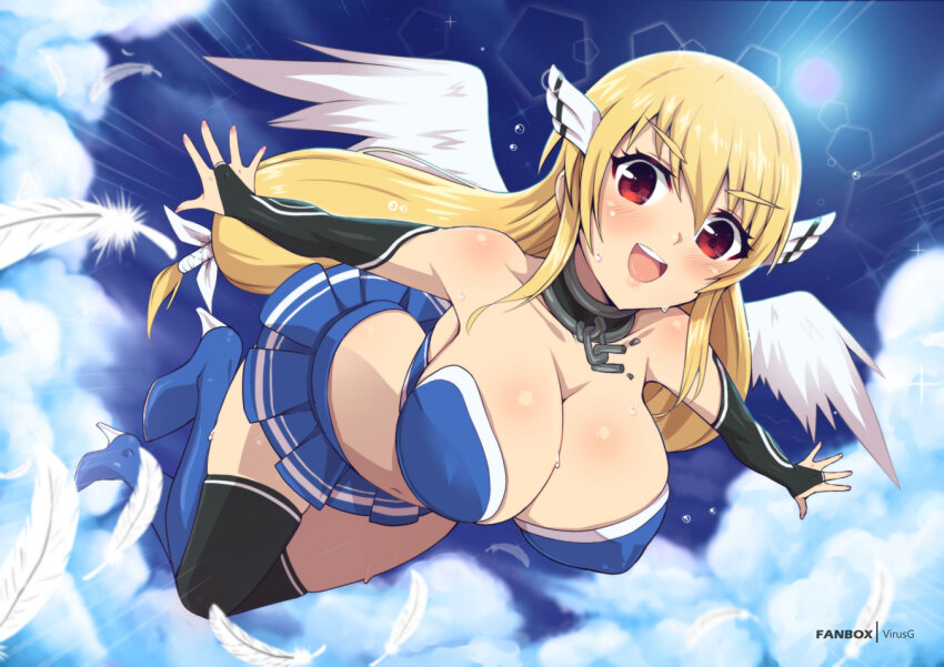 angel angel_wings astraea_(sora_no_otoshimono) bare_shoulders blonde_hair blue_shirt blue_sky breasts cleavage cloud collar day feathers flying large_breasts lens_flare long_hair looking_at_viewer low-tied_long_hair midriff navel open_mouth red_eyes shield shirt skirt sky smile solo sora_no_otoshimono sweat very_long_hair virus-g wings
