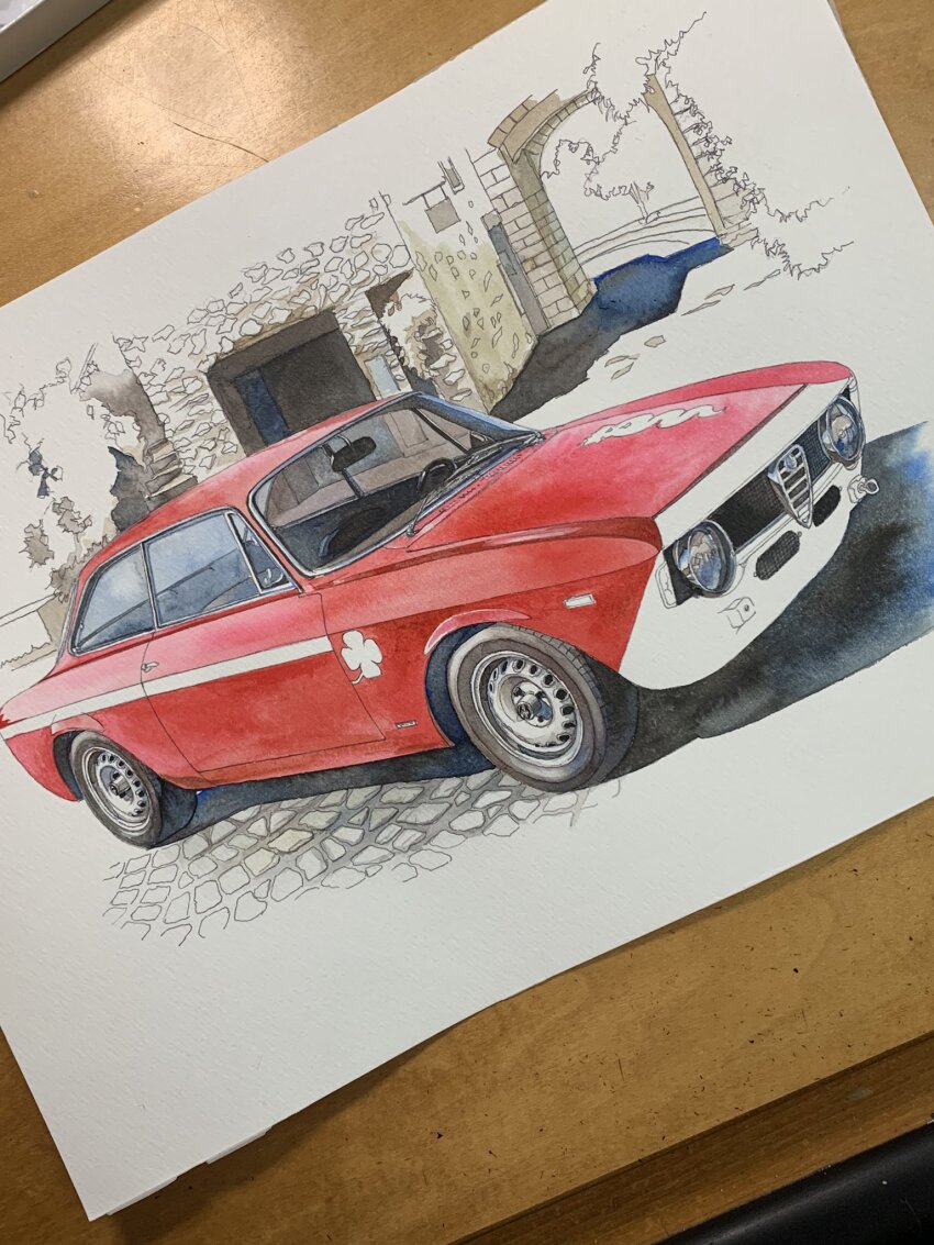 alfa_romeo car highres motor_vehicle no_humans original painting_(medium) photo_(medium) red_car shadow traditional_media unfinished vehicle_focus vehicle_request wada_takayoshi watercolor_(medium) wheel