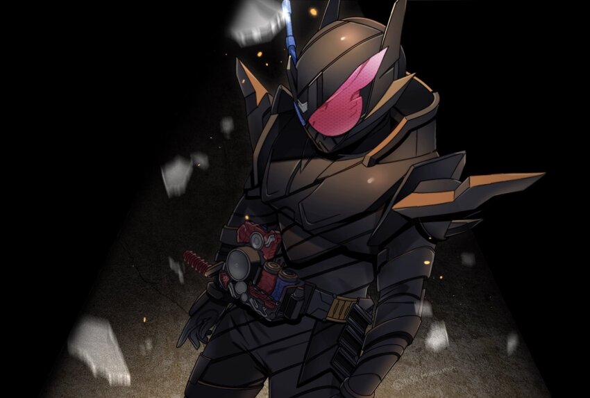 1010_mumumu armor belt black_armor black_bodysuit blue_eyes bodysuit build_driver compound_eyes debris rider_belt fullbottle hazard_trigger helmet kamen_rider kamen_rider_build kamen_rider_build_(series) rabbit+tank_form_(black_hazard) red_eyes shoulder_armor signature spiked_armor spikes
