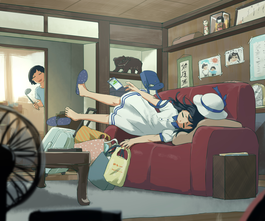 2girls absurdres analog_clock avogado6 bag black_hair blue_bag blue_slippers cellphone clock commentary couch doorway drawing_(object) dress electric_fan english_commentary exhausted hat highres holding holding_ladle indoors kibori_kuma kokeshi ladle mother_and_daughter multiple_girls open_mouth original phone rolling_suitcase rug shopping_bag slippers smartphone suitcase table white_dress