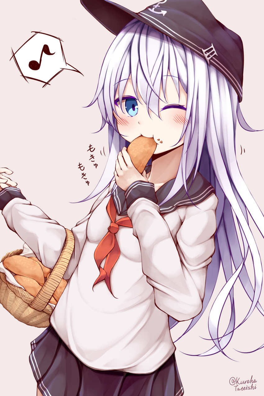 1girl absurdres artist_name black_sailor_collar blue_eyes breasts eating female_focus flat_cap food hair_between_eyes hat hibiki_(kancolle) highres kantai_collection long_hair long_sleeves neckerchief one_eye_closed pirozhki pleated_skirt sailor_collar school_uniform serafuku silver_hair skirt small_breasts solo tateishi_kureha