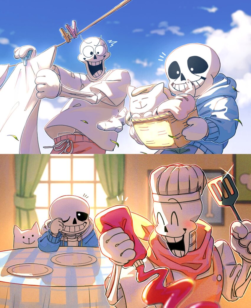 2boys annoying_dog basket blue_jacket cooking dog grin highres holding holding_basket hollow_eyes jacket ketchup korokor59513559 male_focus multiple_boys one_eye_closed papyrus_(undertale) sans_(undertale) shirt skeleton sleepy smile sweat teeth undertale white_shirt