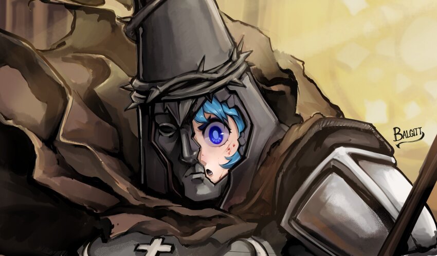 1boy :o armor blasphemous blue_eyes blue_hair broken_helmet brown_background brown_cape cape cosplay highres jubilee_2025 looking_at_viewer lower_teeth_only luce_(jubilee_2025) penitent_one penitent_one_(cosplay) portrait short_hair shoulder_armor solo teeth torn_cape torn_clothes victorbalgitt