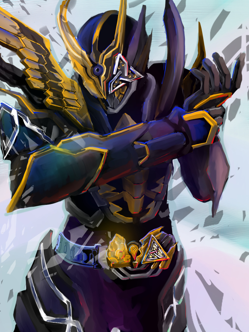 1boy armor asymmetrical_armor belt black_armor black_bodysuit bodysuit commentary cropped_legs donguri_kaijin rider_belt gold_armor gold_trim helmet highres holding holding_own_arm juuga_driver juuga_vistamp kamen_rider kamen_rider_juuga kamen_rider_revice looking_to_the_side male_focus shoulder_armor solo symbol-only_commentary tokusatsu upper_body vistamp