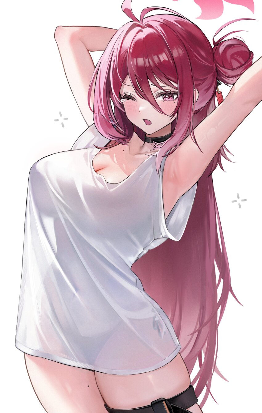1girl absurdres alternate_costume belt black_panties blue_archive collarbone hair_bun halo highres mole mole_on_chest mole_on_collarbone mole_under_eye naked_shirt panties red_halo reijo_(blue_archive) shirt single_side_bun solo thigh_belt thigh_strap underwear white_shirt yawning zije