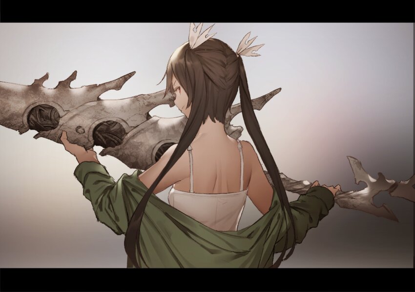 1girl back black_hair blue_eyes blurry blurry_background bone cropped_torso dress evil_smile frilled_dress frills from_behind hair_ribbon highres holding holding_weapon jacket long_hair looking_back mogumo off_shoulder open_clothes open_jacket ribbon smile spine tokoshie_bullet tokoshie_no._10 twintails v-shaped_eyebrows weapon white_dress