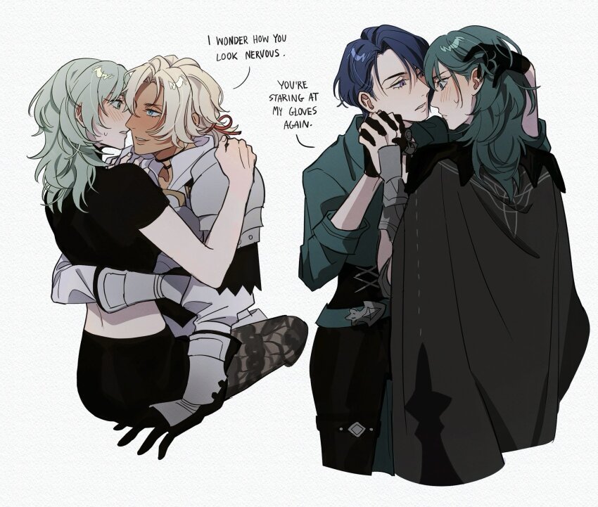 3girls adjusting_another&#039;s_hair armor black_cape black_gloves black_pants black_pantyhose black_shirt black_shorts blonde_hair blue_eyes blue_hair blush female_byleth_(enlightened)_(fire_emblem) female_byleth_(fire_emblem) cape catherine_(fire_emblem) commentary dark-skinned_female dark_skin english_commentary english_text eye_contact fire_emblem fire_emblem:_three_houses gauntlets gloves green_eyes green_hair green_jacket highres holding_hands hug imminent_kiss jacket long_hair looking_at_another midriff multiple_girls nintendo pants pantyhose pauldrons purple_eyes purple_hair seirorath shamir_nevrand shirt short_hair shorts shoulder_armor simple_background sitting sleeves_rolled_up smile white_background yuri