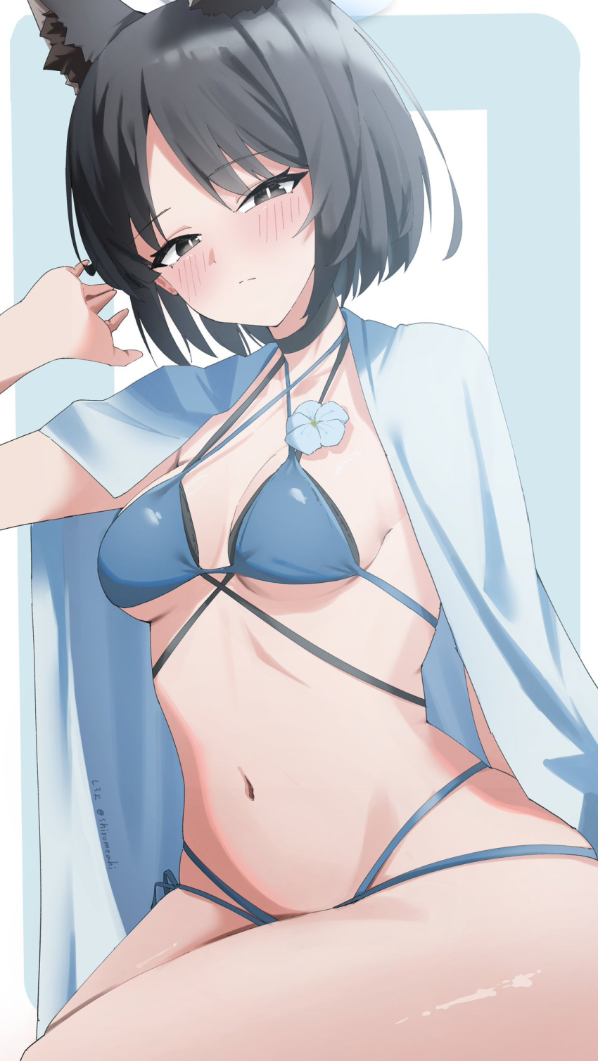1girl amia_0423 animal_ears bikini black_eyes blue_archive blue_bikini breasts cat_ears cat_girl criss-cross_straps flower halo highres kikyou_(blue_archive) kikyou_(swimsuit)_(blue_archive) layered_bikini medium_breasts multi-strapped_bikini_bottom navel official_alternate_costume revision solo swimsuit