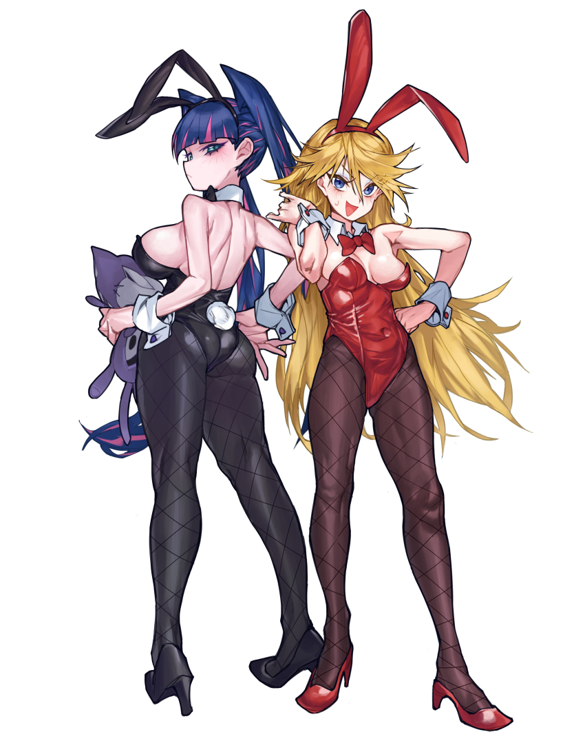 2girls absurdres animal_ears bare_shoulders black_leotard blonde_hair blue_eyes bow bowtie breasts covered_navel detached_collar fake_animal_ears fake_tail fishnet_pantyhose fishnets high_heels highleg highleg_leotard highres honekoneko_(psg) large_breasts leotard long_hair medium_breasts multicolored_hair multiple_girls panty_&amp;_stocking_with_garterbelt panty_(psg) pantyhose pink_hair playboy_bunny purple_hair rabbit_ears rabbit_tail red_leotard siblings sideboob sisters stocking_(psg) strapless strapless_leotard stuffed_animal stuffed_cat stuffed_toy tail traditional_bowtie twintails waa153 wrist_cuffs