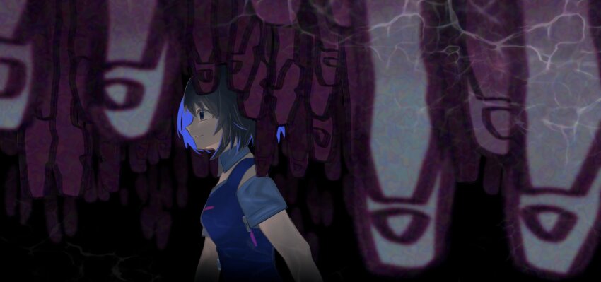 1girl black_background blue_eyes blue_hair blue_vest bob_cut closed_mouth duoyun_de_tiankong highres honkai_(series) honkai_impact_3rd seele_vollerei seele_vollerei_(azure_memories) seele_vollerei_(swallowtail_phantasm) short_hair short_sleeves smile solo upper_body vest