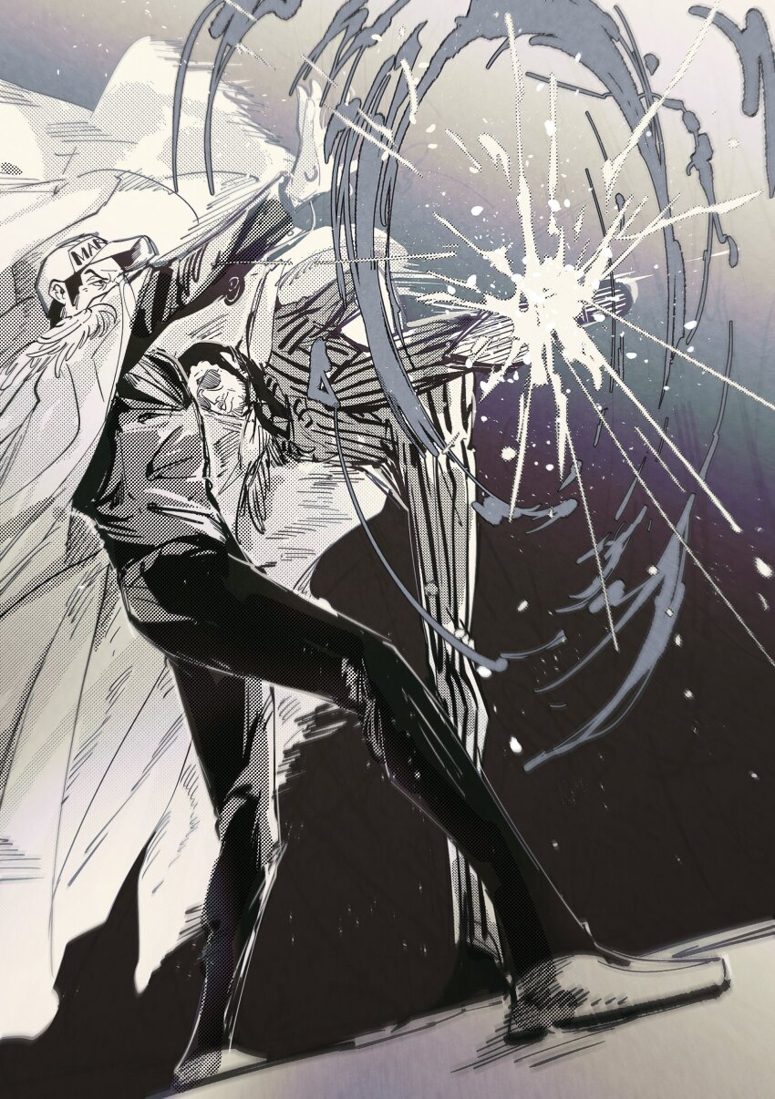 2boys 6cheetah absurdres black_hair borsalino_(kizaru) clenched_hand combined_attack duel dutch_angle facial_hair from_below greyscale highres kicking long_sideburns male_focus mature_male monochrome multiple_boys mustache_stubble one_piece photokinesis punching sakazuki_(akainu) short_hair side-by-side sideburns sparse_stubble stubble sunglasses
