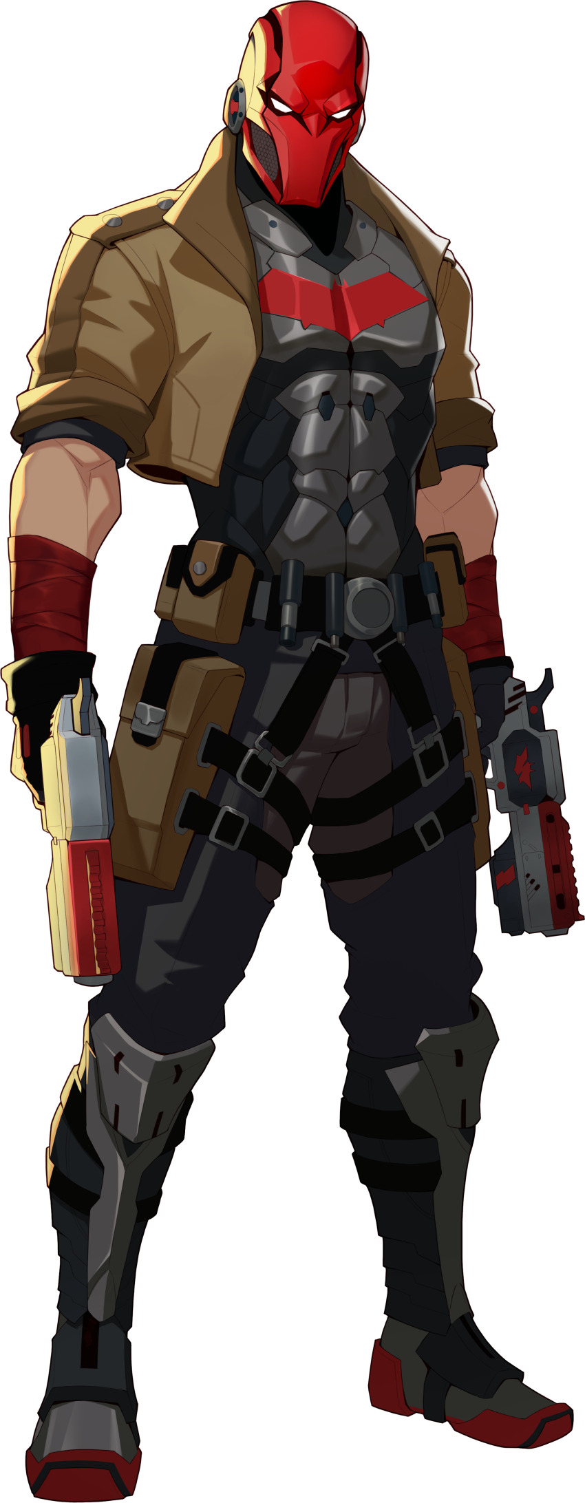 1boy absurdres armor bandaged_arm bandages bat_signal batman_(series) batman_symbol black_bodysuit black_gloves bodysuit boots brown_jacket dc:_dark_legion dc_comics dual_wielding full_body gloves grey_bodysuit gun handgun highres holding holding_gun holding_weapon holster jacket jason_todd male_focus mask multiple_weapons muscular muscular_male official_art open_clothes pants red_hood_(dc) red_mask solo superhero_costume taut_bodysuit thigh_holster transparent_background two-tone_bodysuit weapon