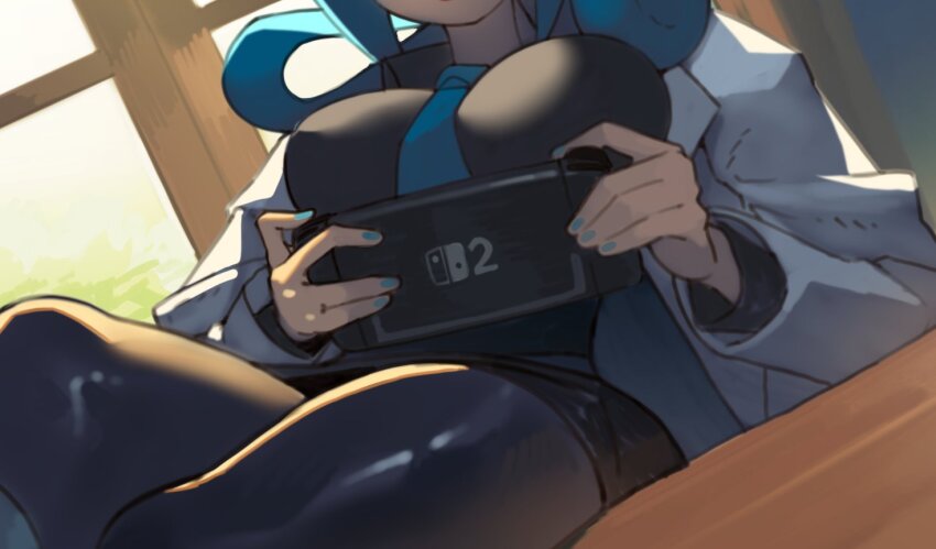 1girl black_shirt black_skirt blue_hair blue_necktie breasts coat commentary desk hair_rings handheld_game_console holding holding_handheld_game_console indoors large_breasts long_sleeves mable_(pokemon) nail_polish necktie nintendo nintendo_switch_2 open_clothes open_coat orlek pantyhose pokemon pokemon_legends:_z-a shirt skirt solo window