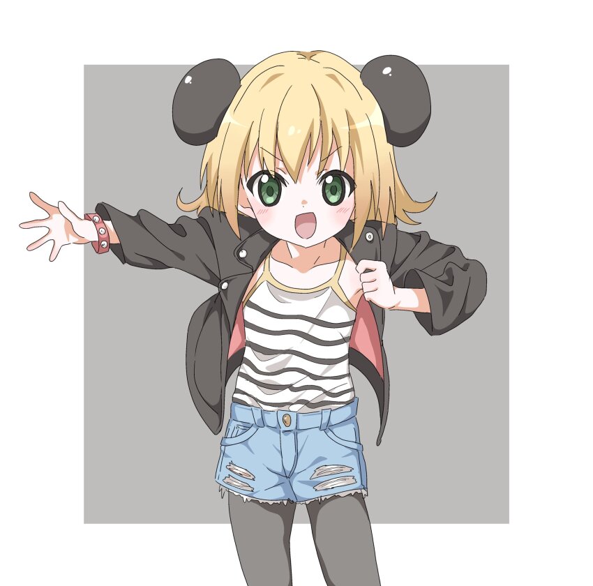 1girl :d animal_ears black_jacket black_pantyhose blonde_hair blue_shorts blush border bracelet camisole collarbone commentary_request cowboy_shot cutoffs di_gi_charat flat_chest flipped_hair fujiwara_tatsuroo green_eyes grey_background highres jacket jewelry long_sleeves medium_hair open_clothes open_jacket open_mouth outstretched_arm panda_ears pantyhose pantyhose_under_shorts piyoko shirt_tucked_in shorts smile solo spiked_bracelet spikes striped_camisole v-shaped_eyebrows white_border white_camisole
