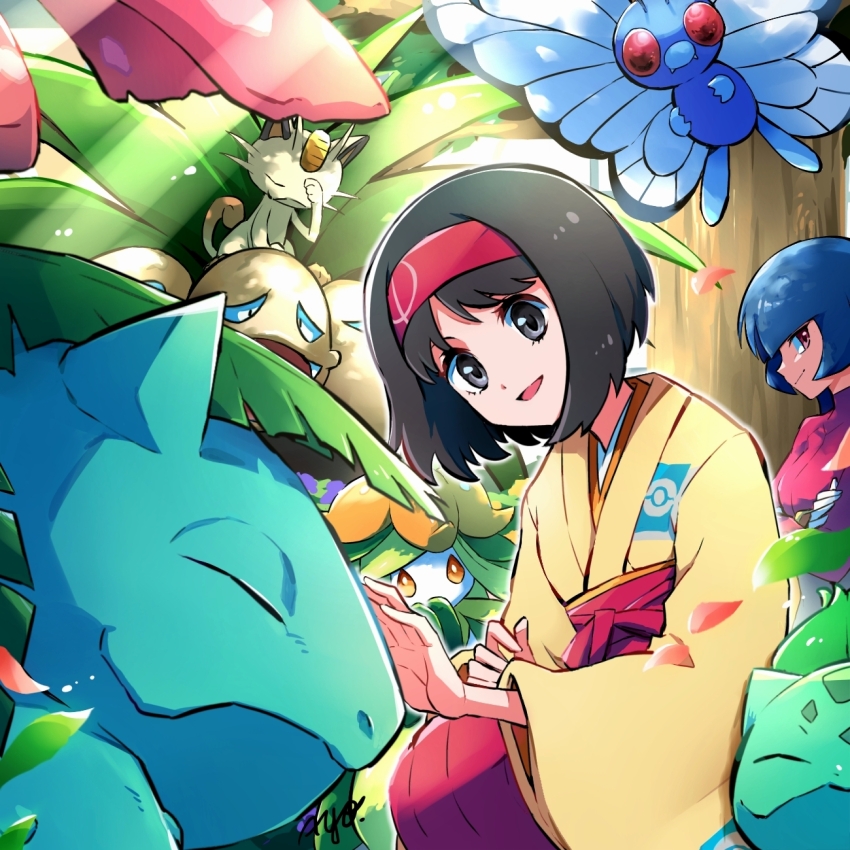 2girls ayo_(ayosanri009) black_eyes black_hair blue_hair bug bulbasaur butterfly butterfree closed_eyes erika_(pokemon) exeggutor game_freak gen_1_pokemon gen_5_pokemon highres insect japanese_clothes kimono lilligant meowth multiple_girls nintendo pokemon pokemon_(creature) pokemon_frlg sabrina_(pokemon) venusaur yellow_kimono